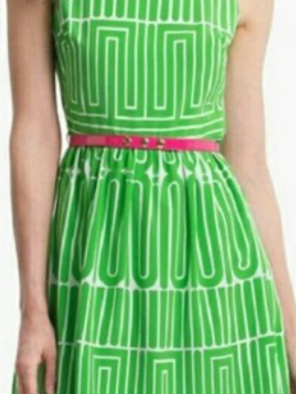 Trina Turk size 2 Green Geometric Fit-and-Flare Dress with Pink Belt
